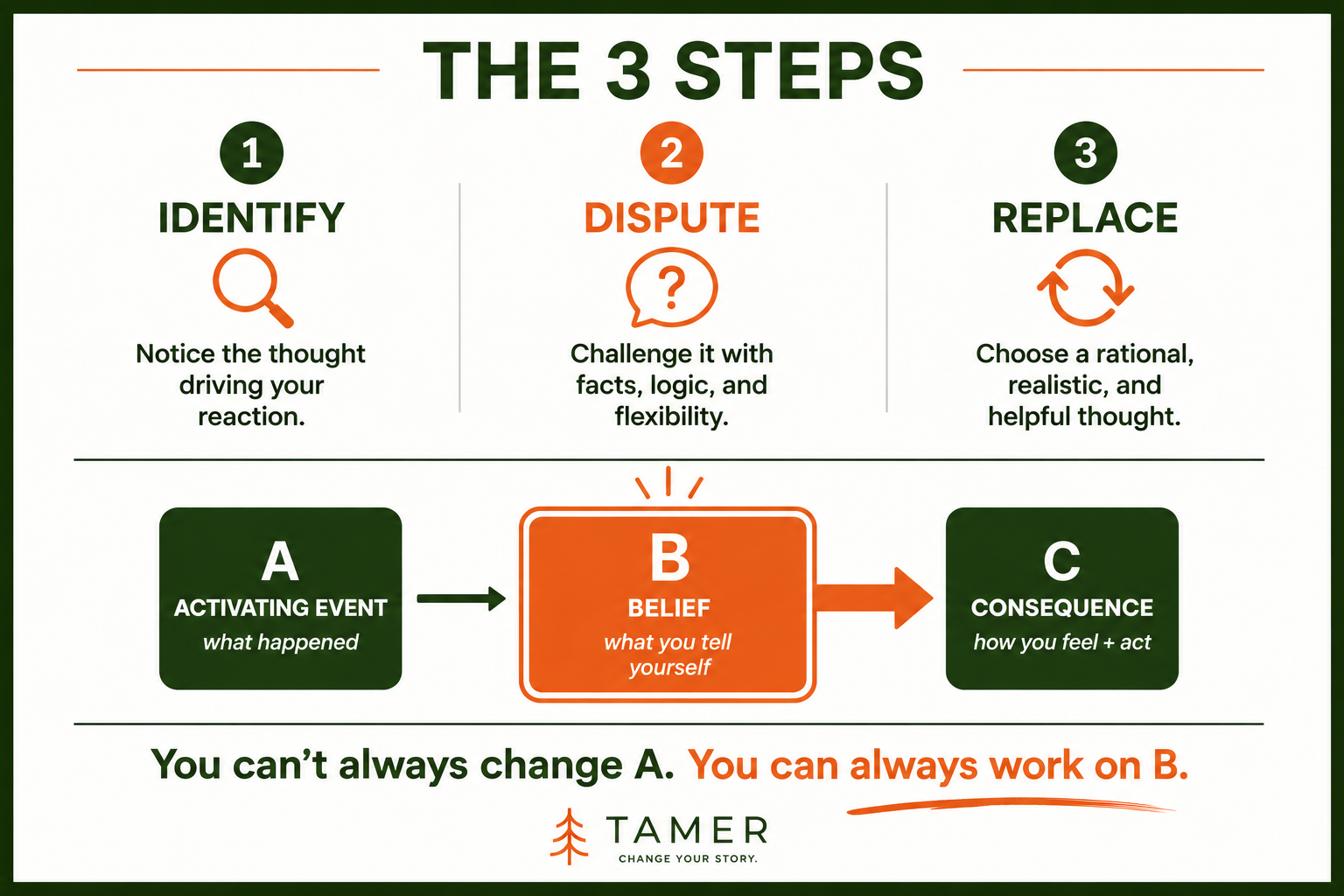 The 3 Steps: Step 1 Identify — Notice the thought driving your reaction. Step 2 Dispute — Challenge it with facts, logic, and flexibility. Step 3 Replace — Choose a rational, realistic, and helpful thought. Below: the ABC strip with the caption 'You can't always change A. You can always work on B.'